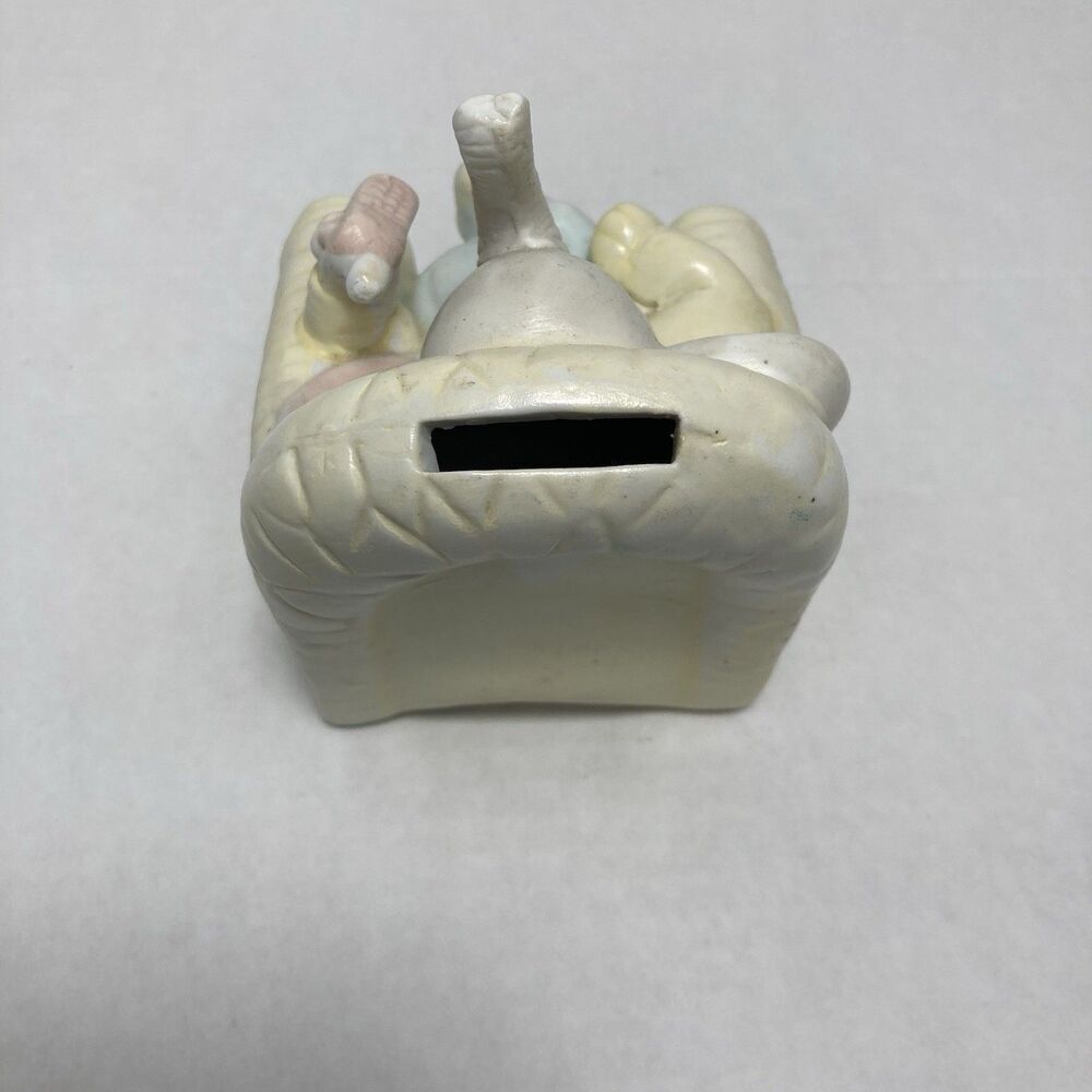 Vintage Ceramic Elephant Figurine Nursery In Chair On Phone Pastel Coin Bank - Picture 3 of 5